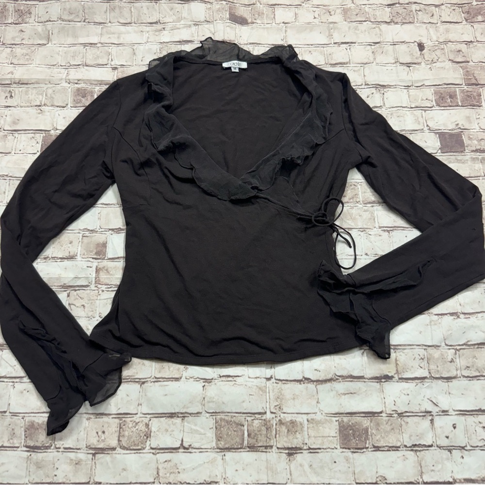 Cache medium brown long sleeve ruffle wrap plunging top